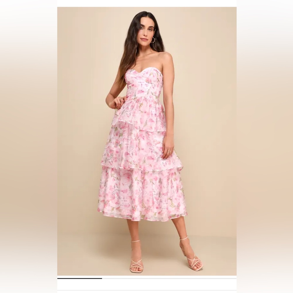 Lulu's Pristine Cutie Light Pink Floral Organza Bustier Midi Dress NWT